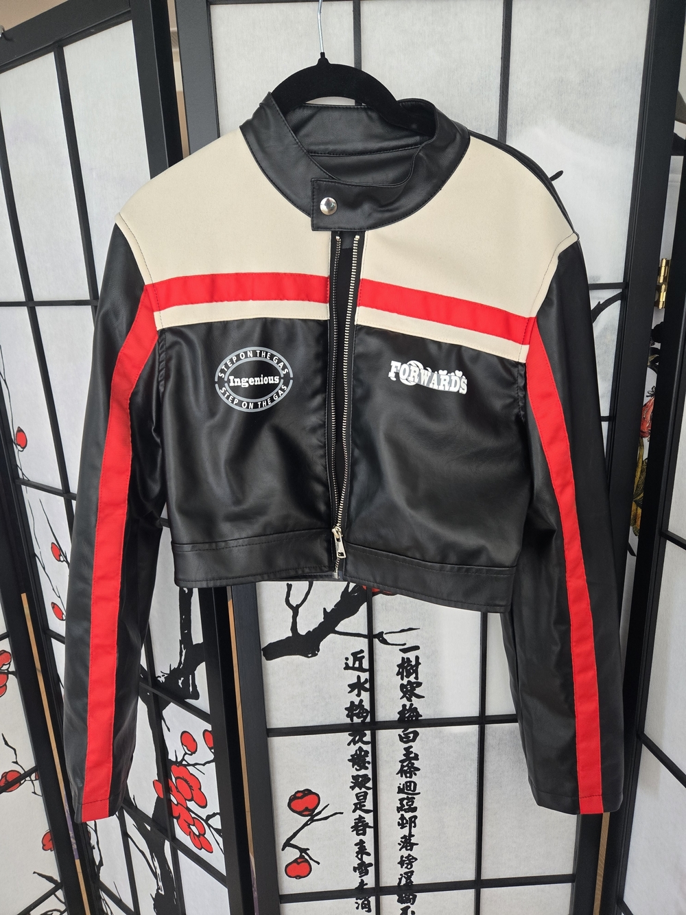 Faux Leather Black & Red Cropped Racing Jacket